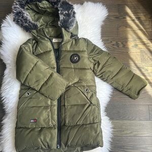 Kids' Olive Green Puffer Coat with Faux Fur Hood